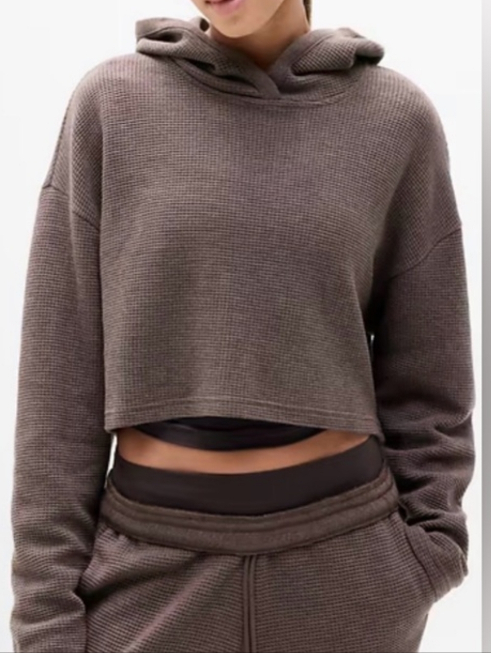 Athleta Brown Waffle Weave Tranquil Cropped Hoodie